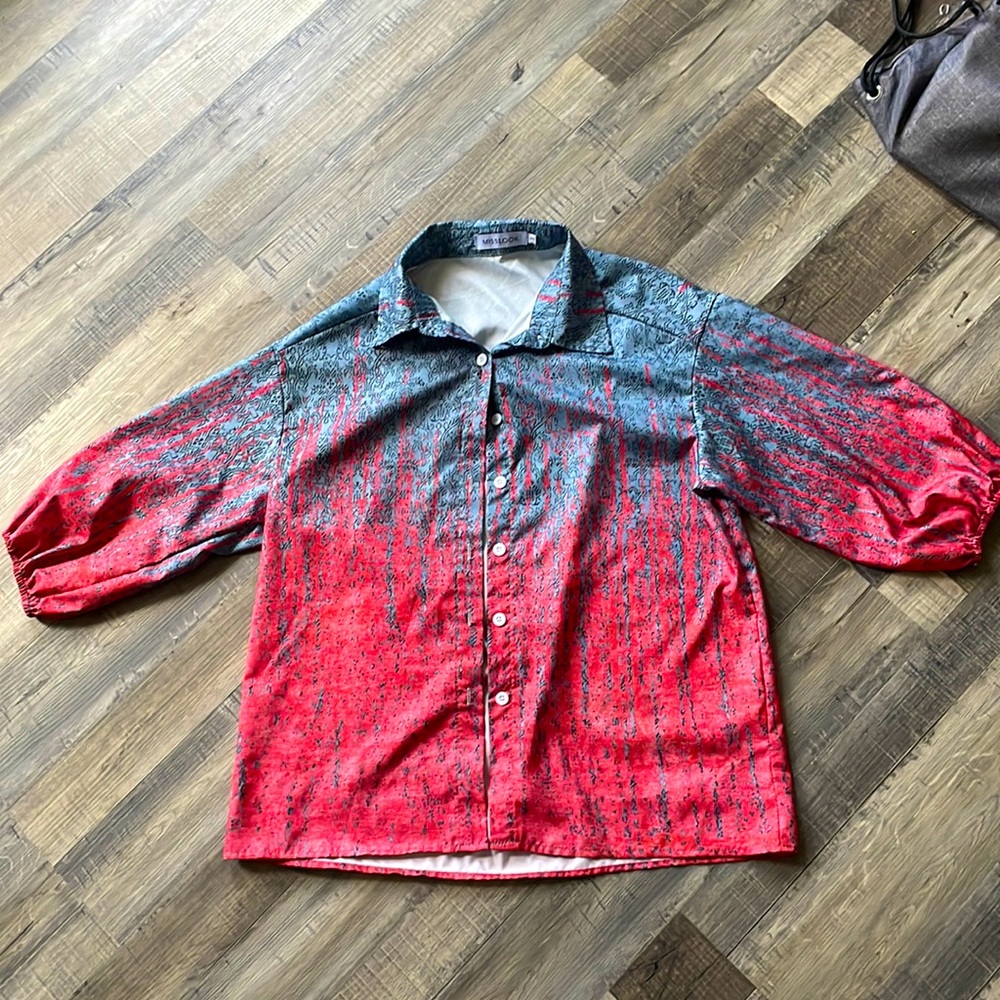 MISSLOOK blouse, red and blue-grey with tribal type pattern, size S
